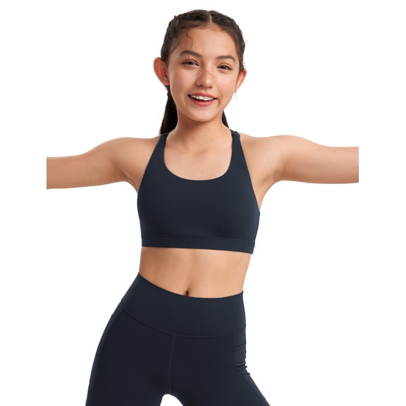 CRZ YOGA Girls Butterluxe Cross Back Sports Bra Yoga Athletic Casual Tops Scoop Neck Padded Crop Kids Teen