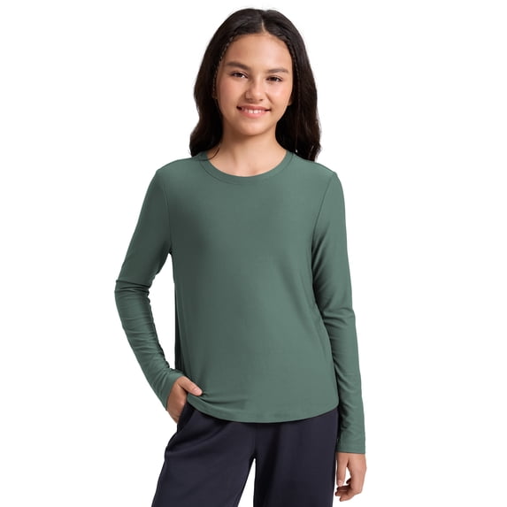 CRZ YOGA Girls Cloudweight Long Sleeve Athletic Shirts Active Sports Casual Tees Crew Neck Side Slit Winter Kids Teen