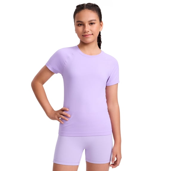 CRZ YOGA Girls Seamless Short Sleeve Athletic T Shirts Active Sports Casual Tees Crew Neck Kids Teen