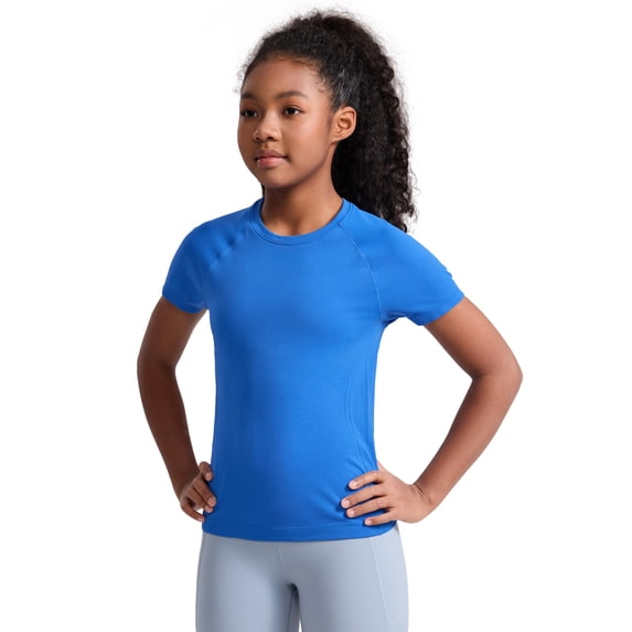 CRZ YOGA Girls Seamless Short Sleeve Athletic T Shirts Active Sports Casual Tees Crew Neck Kids Teen