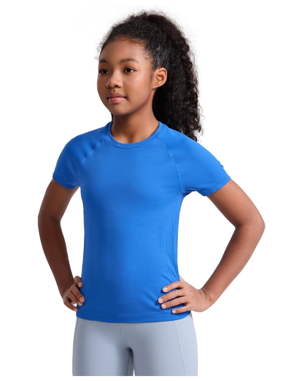 Girls Seamless Short Sleeve Athletic T Shirts Active Sports Casual Tees Crew Neck Kids Teen