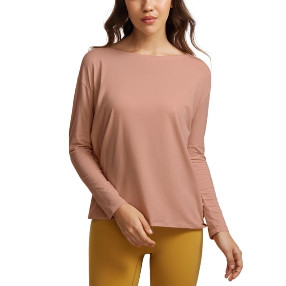CRZ YOGA Pima Cotton Boat Neck Top,Workout, Loose Fit, Hip Length, Long Sleeve Shirts for Women