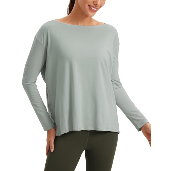 CRZ YOGA Pima Cotton Boat Neck Top,Workout, Loose Fit, Hip Length, Long Sleeve Shirts for Women