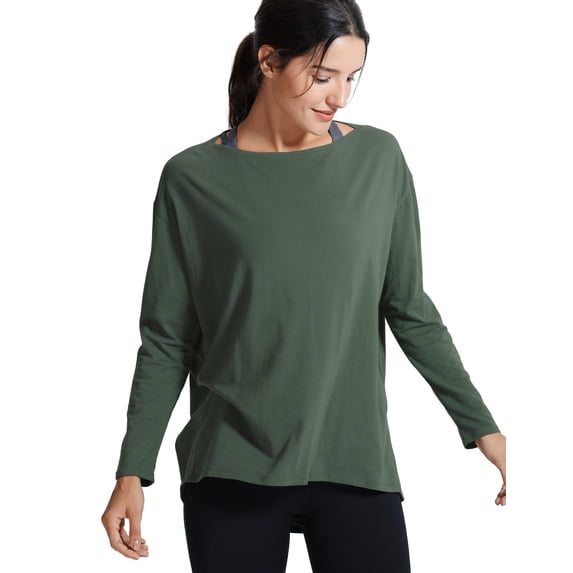 CRZ YOGA Pima Cotton Boat Neck Top,Workout, Loose Fit, Hip Length, Long Sleeve Shirts for Women