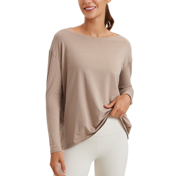 CRZ YOGA Pima Cotton Boat Neck Top,Workout, Loose Fit, Hip Length, Long Sleeve Shirts for Women