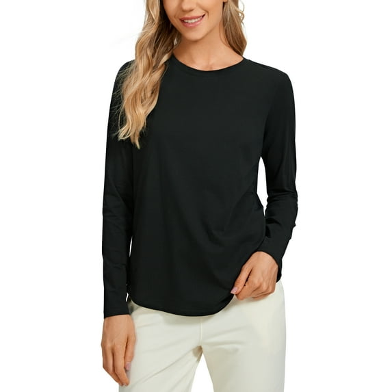 CRZ YOGA Pima Cotton Crewneck Long Sleeve Shirts for Women Workout Athletic Yoga Casual Tops Soft T-Shirt