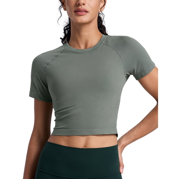 CRZ YOGA Seamless Crop Workout Tops for Women Athletic Running Gym Yoga Short Sleeve Shirts Basic