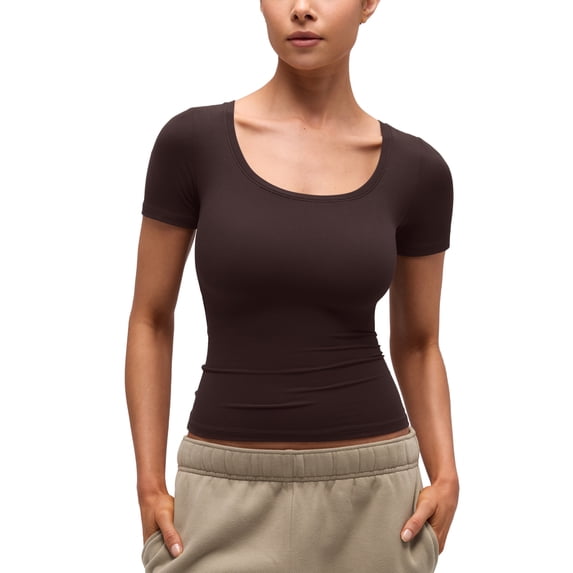 CRZ YOGA Softembrace Tops for Women Casual Soft Going Out Short Sleeve Shirts Sexy U Neck Tight Fitted Tees