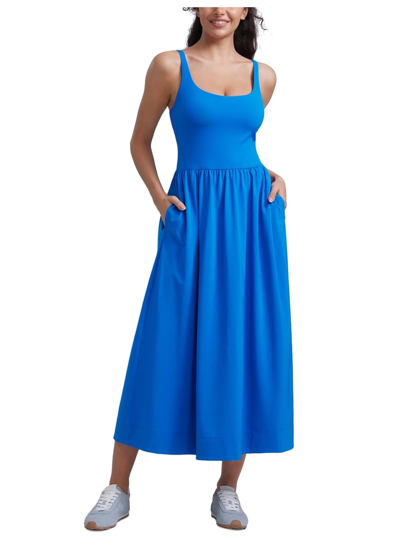 CRZ YOGA Square Neck Maxi Tank Dress for Women Sleeveless Padded Summer Flowy Casual Outfit with Pockets