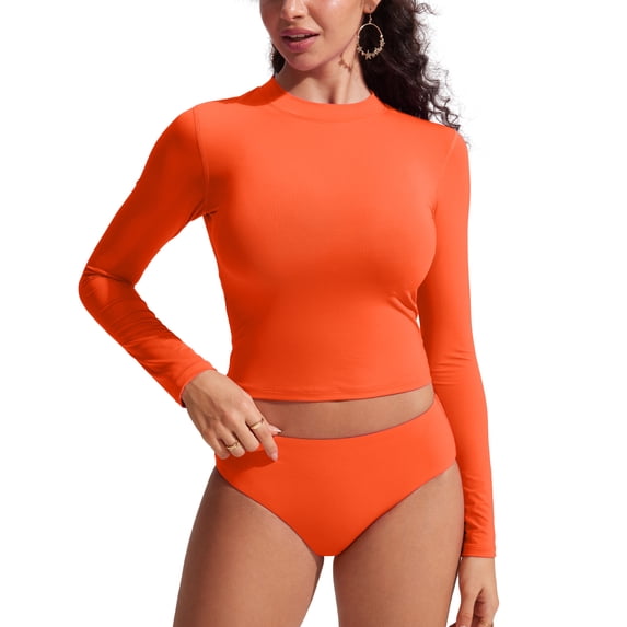 CRZ YOGA UPF 50+ Cropped Rash Guard Shirts for Women Long Sleeve UV Sun Protection Swim Rashguard Tops