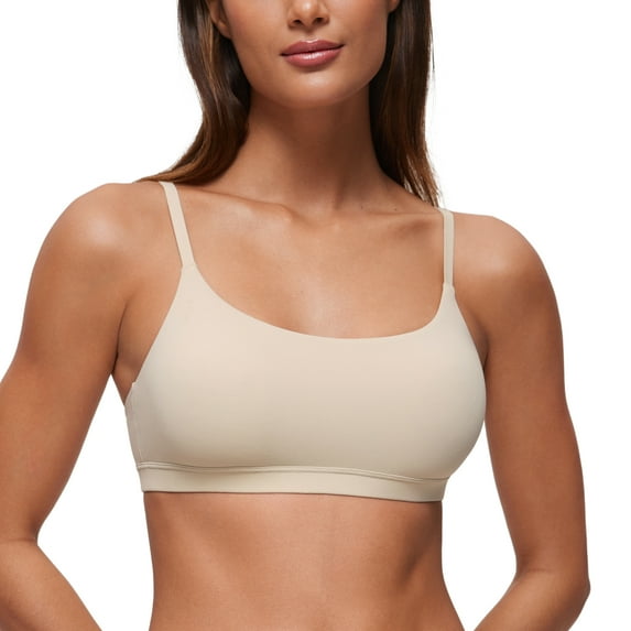 CRZ YOGA Women's Double Lined Bralettes Scoop Neck Unlined Wireless T-Shirt Bra