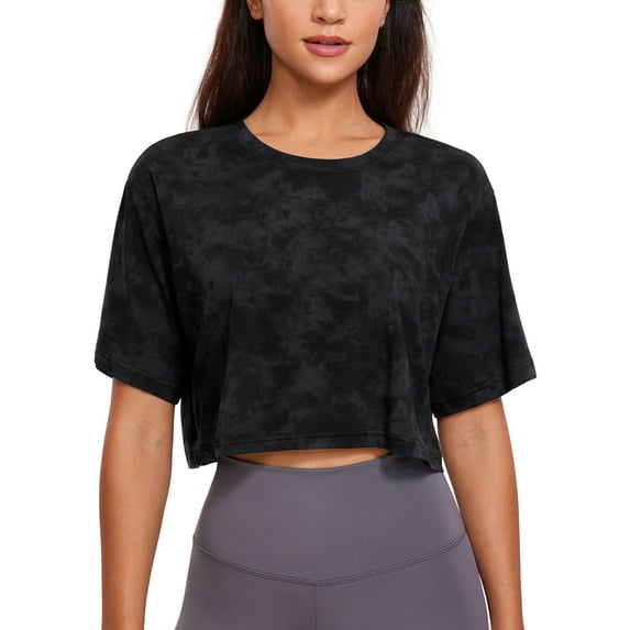 CRZ YOGA Pima Cotton Loose Crop T-Shirts for Women Workout Yoga Casual Athletic Short Sleeve Shirts Tops