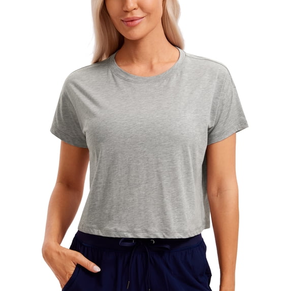 CRZ YOGA Women's Pima Cotton Workout Short Sleeve Shirts Loose Athletic Crop Tops Casual T-Shirt