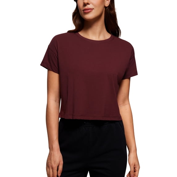 CRZ YOGA Women's Pima Cotton Workout Short Sleeve Shirts Loose Athletic Crop Tops Casual T-Shirt