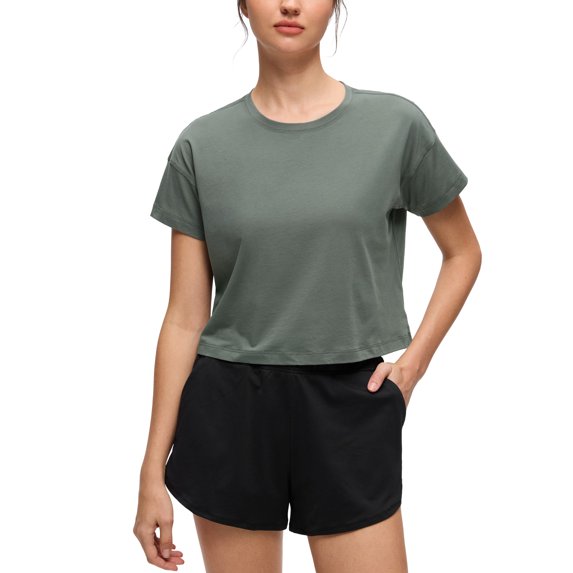 CRZ YOGA Women's Pima Cotton Workout Short Sleeve Shirts Loose Athletic Crop Tops Casual T-Shirt