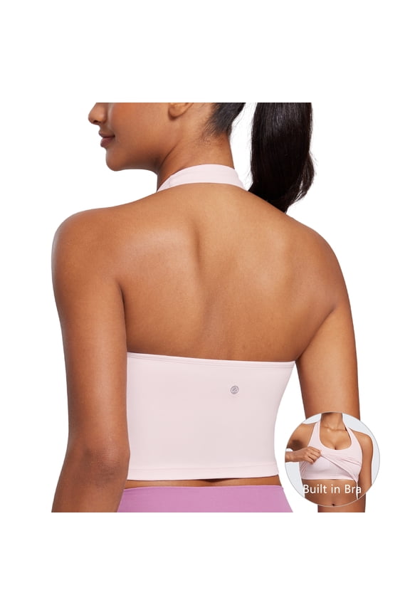 CRZ YOGA Butterluxe Halter Crop Tank Tops for Women Open Back Padded Longline Sports Bras Workout