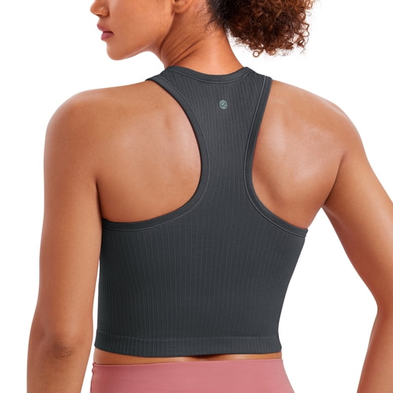 CRZ YOGA Womens Ribbed Longline Sports Bra Racerback Padded Slim Fit Crop Tank Top with Built in Pads
