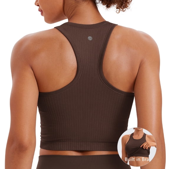 CRZ YOGA Womens Ribbed Longline Sports Bra Racerback Padded Slim Fit Crop Tank Top with Built in Pads