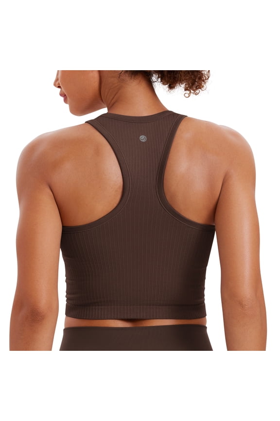 Womens Ribbed Longline Sports Bra Racerback Padded Slim Fit Crop Tank Top with Built in Pads
