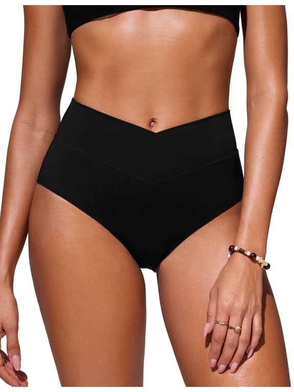 High Waisted V Cut Bikini Bottom for Women Cross Front Bathing Swimsuit Swim Briefs