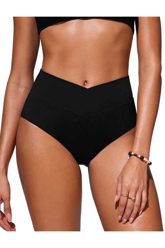 High Waisted V Cut Bikini Bottom for Women Cross Front Bathing Swimsuit Swim Briefs