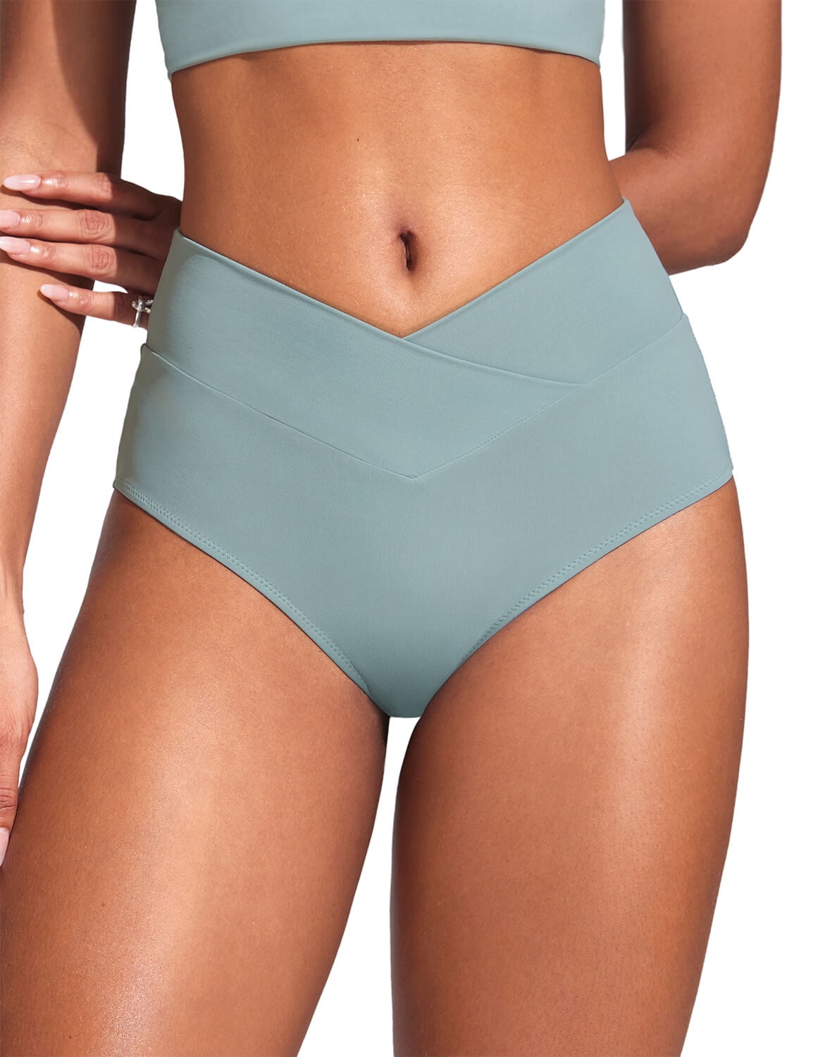 CRZ YOGA High Waisted V Cut Bikini Bottom for Women Cross Front Bathing Swimsuit Swim Briefs