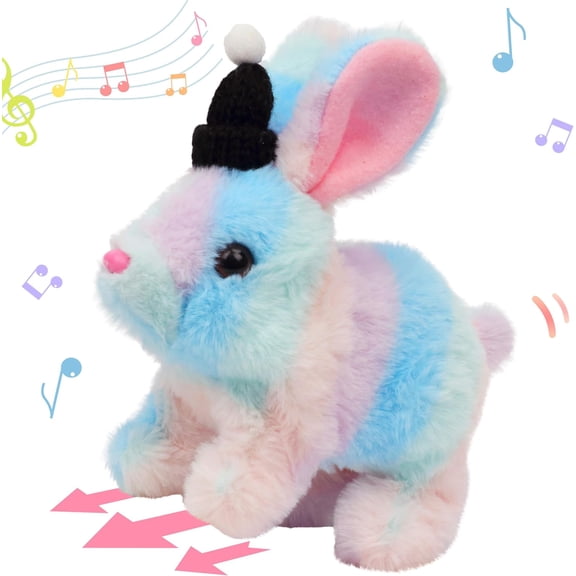CRichMW Hopping Rabbit with Hat Interactive Electronic Pet Plush Bunny Toy with Sounds and Movements Animated Walking Wiggle Ears Twitch Nose Gift for Toddlers Birthday, Rainbow, 7''