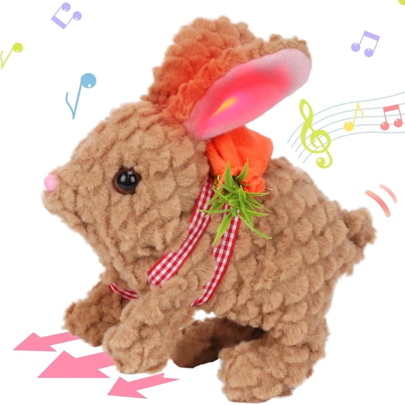 CRichMW Hopping Rabbit with LED Ears Carrot Backpack Interactive Plush Bunny Toy with Sounds Animated Walking Wiggle Light up Ears Twitch Nose Gift for Toddlers, Brown, 7''