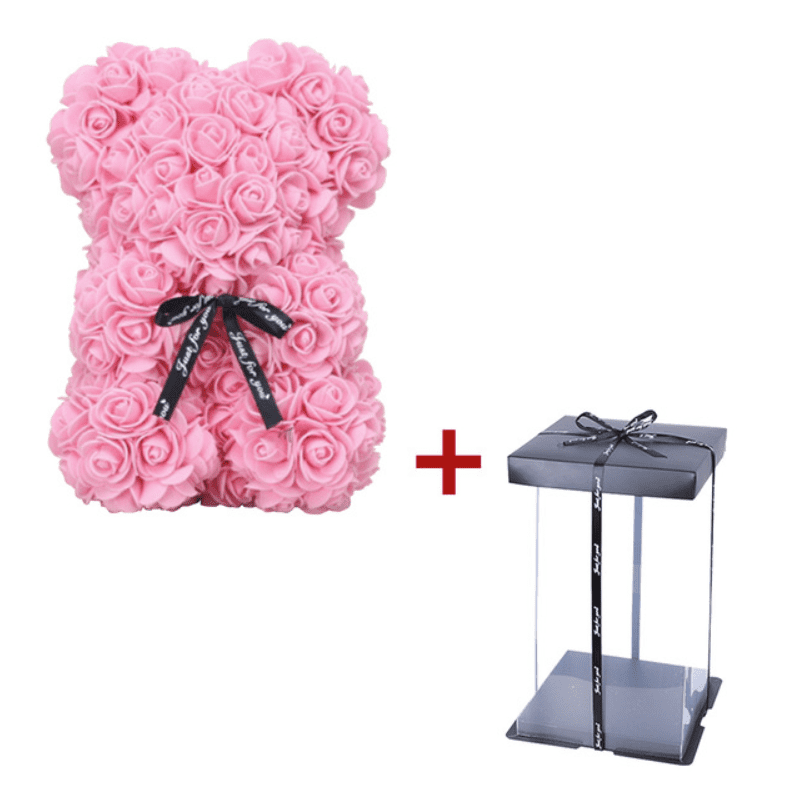 CRui Valentine Flower Bear Gifts, 9.84" Beautiful Rose Bear Rose Fake Flowers Bears Wedding Anniversary Gifts Valentines Day Gifts for Her Hand-Made Flowers Mothers Day Gifts for Mom, Pink
