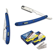 CS-101 Stainless Steel Straight Edge Blue Barber Razor + 200 Lord Single Blades