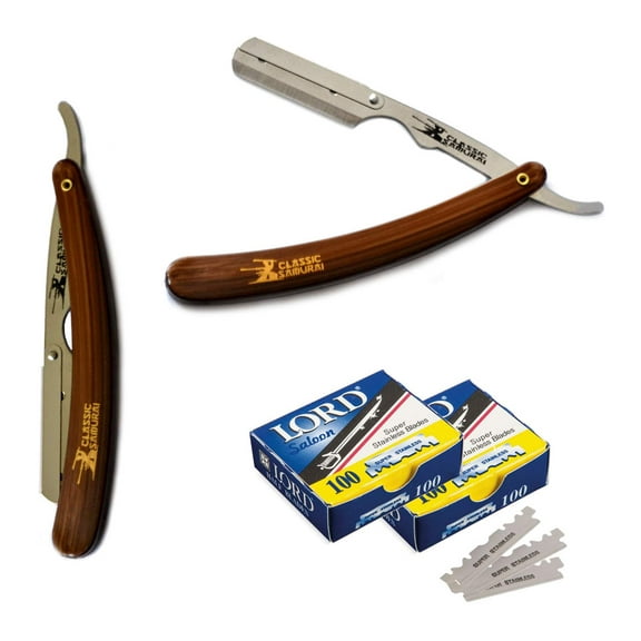 CS-101 Stainless Steel Straight Edge Brown Barber Razor + 200 Lord Single Blades