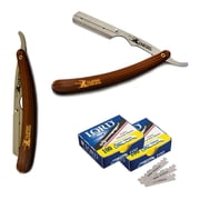 CS-101 Stainless Steel Straight Edge Brown Barber Razor + 200 Lord Single Blades