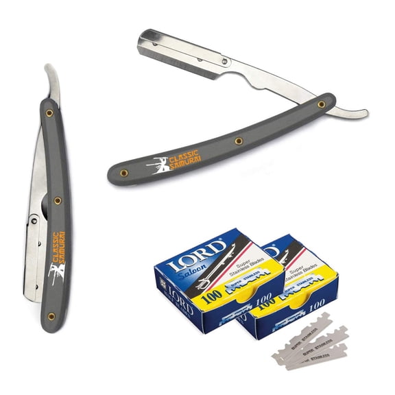 CS-101 Stainless Steel  Straight Edge Gray Barber Razor + 200 Lord Single Blades