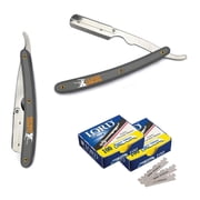 CS-101 Stainless Steel Straight Edge Gray Barber Razor + 200 Lord Single Blades