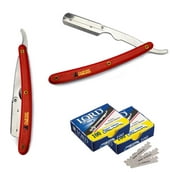 CS-101 Stainless Steel Straight Edge Red Barber Razor + 200 Lord Single Blades
