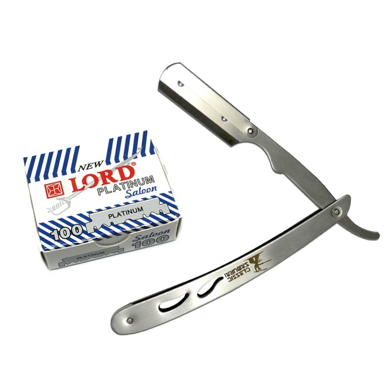 CS 102 Stainless Steel Professional Barber Straight Edge Razor with 100 Lord Platinum Single Edge Razor Blades
