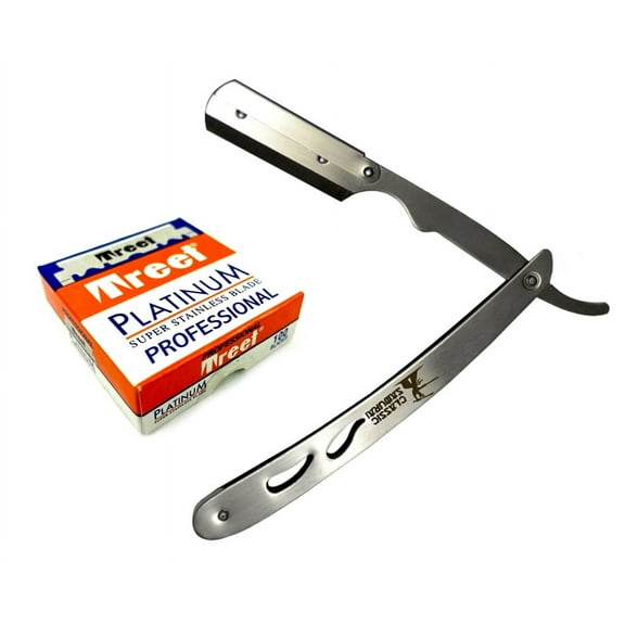 CS-102 Stainless Steel Professional Barber Straight Edge Razor with 100 Treet Platinum Single Edge Razor Blades