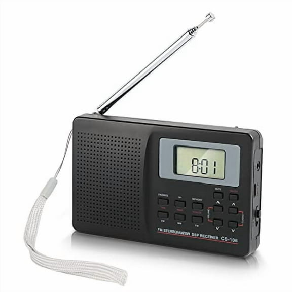 CS-106 Portable Radio - Mini FM/AM/SW/MW/LW/TV Full Band Receiver Radio for Worldwide Broadcasts with 3.5MM Earphone - Black