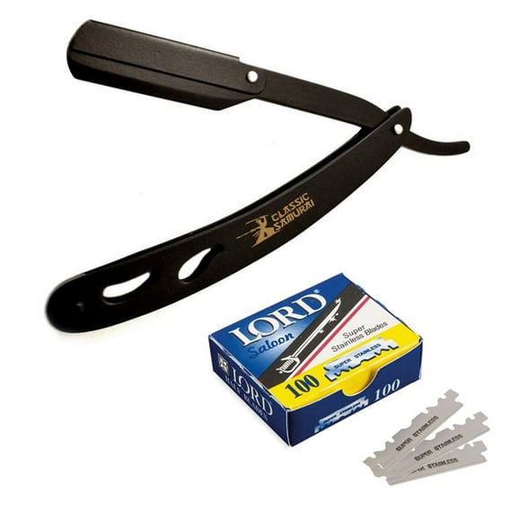 CS Matte Black Folding Straight Razor, Shavette Manual Shaver Barber Salon with 100 Single Edge Razor Blades