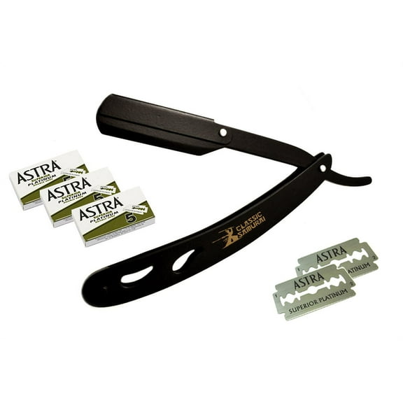 CS Matte Black Folding Straight Razor, Shavette Manual Shaver Barber Salon with 15 Astra Double Edge Razor Blades