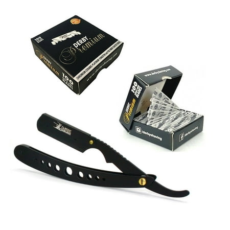 CS Matte Black New Ergonomic Design Folding Straight Razor, Shavette Manual Shaver Barber Salon with 100 Derby Premium Single Edge Razor Blades