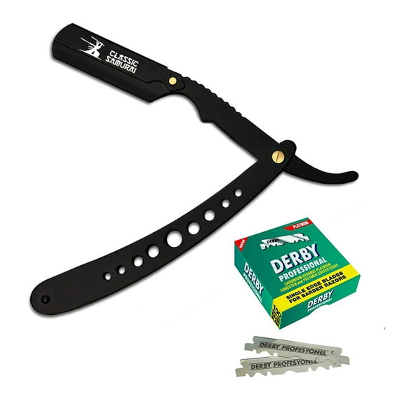CS Matte Black New Ergonomic Design Folding Straight Razor, Shavette Manual Shaver Barber Salon with 100 Derby Single Edge Razor Blades