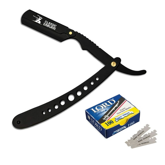 CS Matte Black New Ergonomic Design Folding Straight Razor, Shavette Manual Shaver Barber Salon with 100 Lord Single Edge Razor Blades