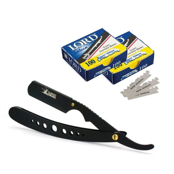 CS Matte Black New Ergonomic Design Folding Straight Razor, Shavette Manual Shaver Barber Salon with 200 Lord Single Edge Razor Blades