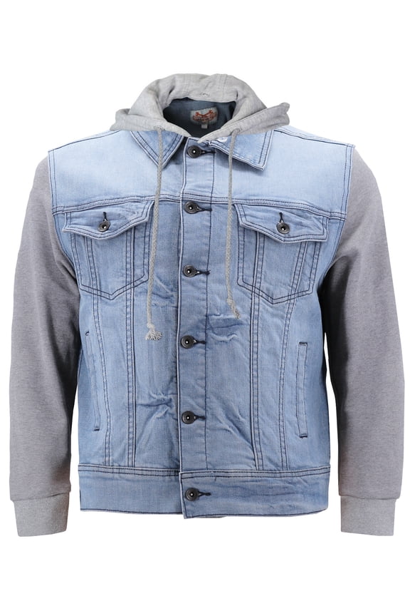 CS Men's Distressed Ripped Stretch Denim Jean Jacket with Removable Hood (Light Blue, L)