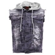 CS Men's Ripped Distressed Button Up Denim Jean Vest With Removable Hood Black Army ,S
