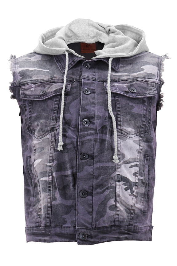 CS Men's Ripped Distressed Button Up Denim Jean Vest With Removable Hood (Black Army ,S)