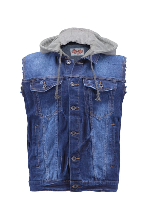 CS Men's Ripped Distressed Button Up Denim Jean Vest With Removable Hood (Dark Blue,S)