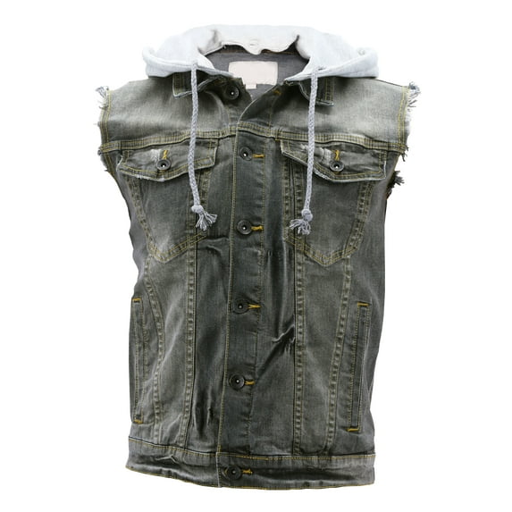 CS Men's Ripped Distressed Button Up Denim Jean Vest With Removable Hood (Grey,L)