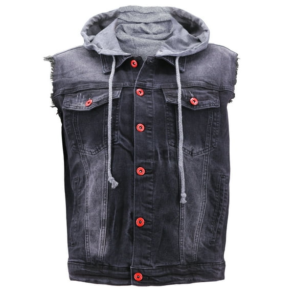 CS Men's Ripped Distressed Denim Jean Vest With Removable Hood (Black/Red-Buttons, L)